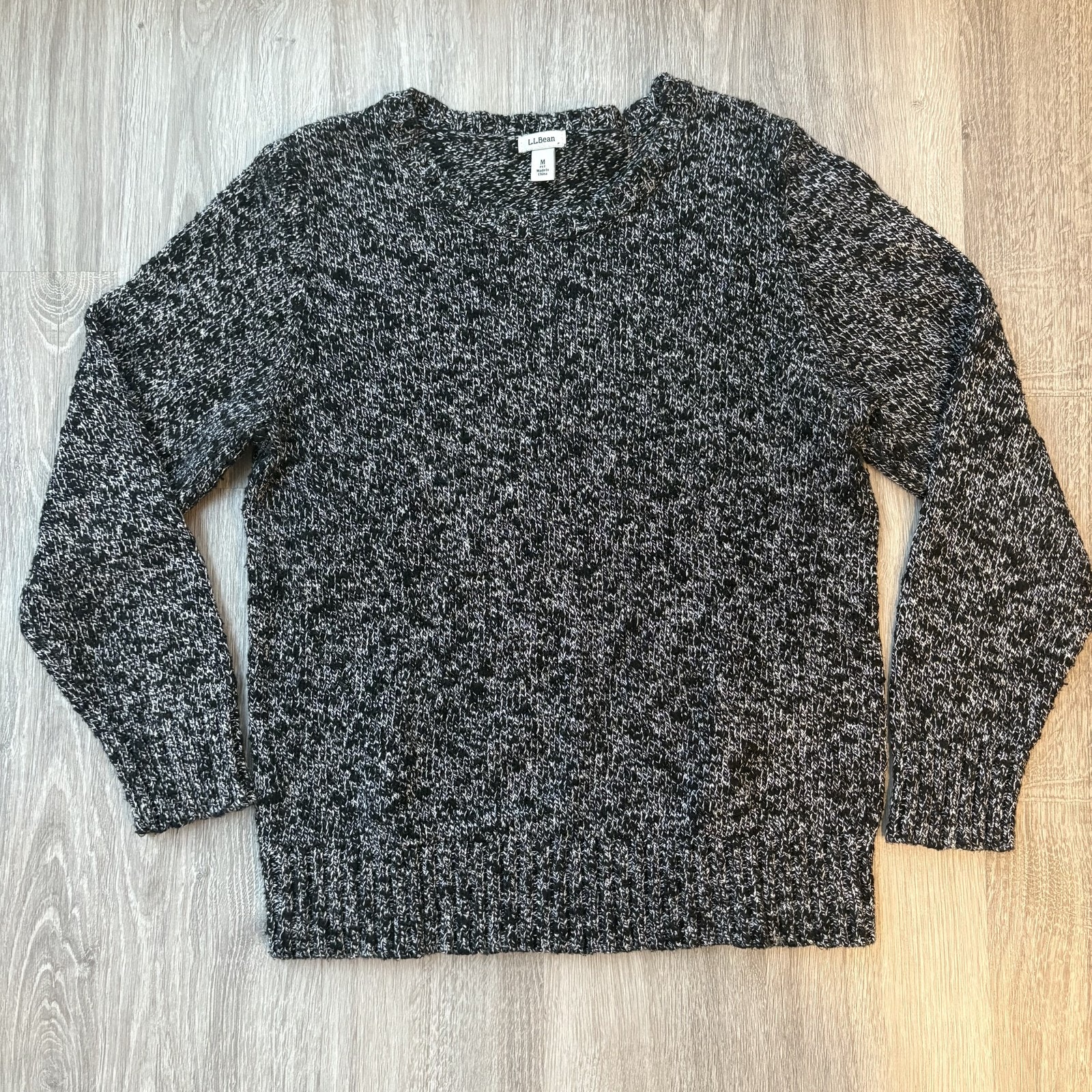 L.L.Bean Women's Marled Cable Knit Sweater M Petite Black Gray